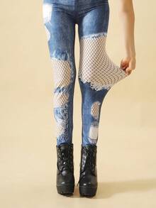 1 Pair Denim Blue Printed Hollow Mesh Tights, Suitable For Casual Daily Wear