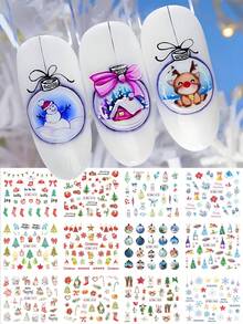 1张12款圣诞美甲贴纸 - 可爱的圣诞袜、帽子、圣诞树、星星、雪花，红色美甲贴花，水转印美甲贴纸，女士节日礼物，冬季装饰，新年美甲用品 - 彩色 - 查看 2