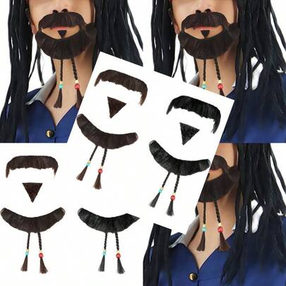 Men Pirate Mustache and Goatee Beads Jack Sparrow Costume Accessories Halloween Themed Party Outfit Prop