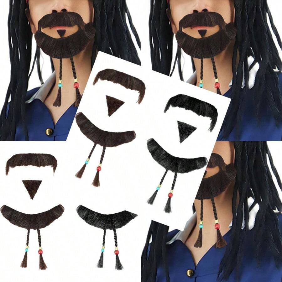 Men Pirate Mustache and Goatee Beads Jack Sparrow Costume Accessories Halloween Themed Party Outfit Prop - MarrónNegro - Ver 1