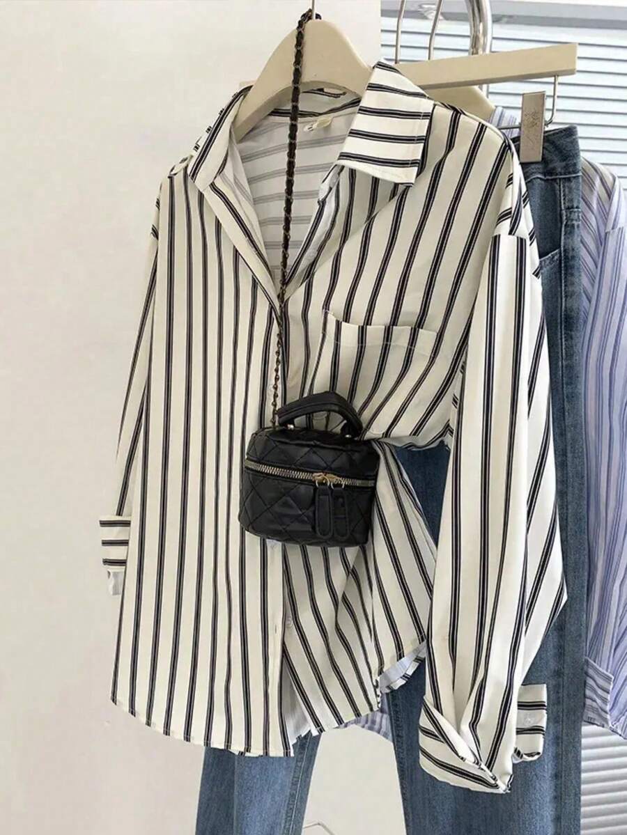 Women's Striped Button Down Shirts Casual Long Sleeve Loose Collared Blouses Tops With Pocket