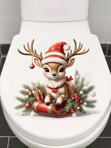 1PC Adorable Christmas Reindeer Toilet Decal Wall Sticker - PVC Self-Adhesive Waterproof Festive Bathroom, Toilet, And Wall Decor With Santa Hat, Gifts,Holly Accents,For Home Decoration, Bathroom Decorations Wall Stickers Stickers Home Decor Christmas Decorations Christmas Decorations Home - Multicolor - View 1