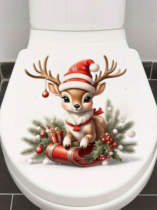 1 Stück süßer Weihnachts-Rentier Toiletten-Aufkleber - PVC selbstklebend wasserfest, festliche Badezimmer, Toiletten- und Wanddekoration mit Weihnachtsmann-Mütze, Geschenken, Stechpalmen-Akzenten, für Heim-Dekoration, Badezimmer-Dekorationen Wandaufkleber Aufkleber Heim-Dekoration Weihnachts-Dekorationen Weihnachts-Dekorationen Zuhause