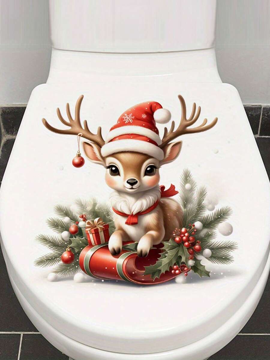 1PC Adorable Christmas Reindeer Toilet Decal Wall Sticker - PVC Self-Adhesive Waterproof Festive Bathroom, Toilet, And Wall Decor With Santa Hat, Gifts,Holly Accents,For Home Decoration, Bathroom Decorations Wall Stickers Stickers Home Decor Christmas Decorations Christmas Decorations Home - Multicolor - View 1