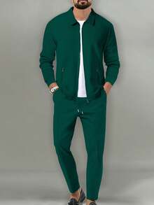 2pcs Casual Men's Outfit Set, Including 1 Zip-Up Jacket With Pockets & Lapel Collar + 1 Pair Of Casual Pants, Spring/Autumn