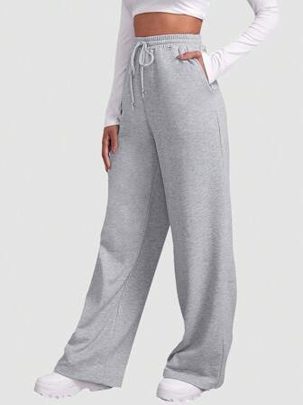 女式休闲阔腿运动裤，高腰抽绳松紧腰宽松裤，带口袋