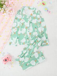 2 st/set för flickor och tonåringar, casual, tecknat svanmönster, långärmad kofta och byxor, nattlinne, flamskyddsmedel, året runt - Limegrön - Visa 1