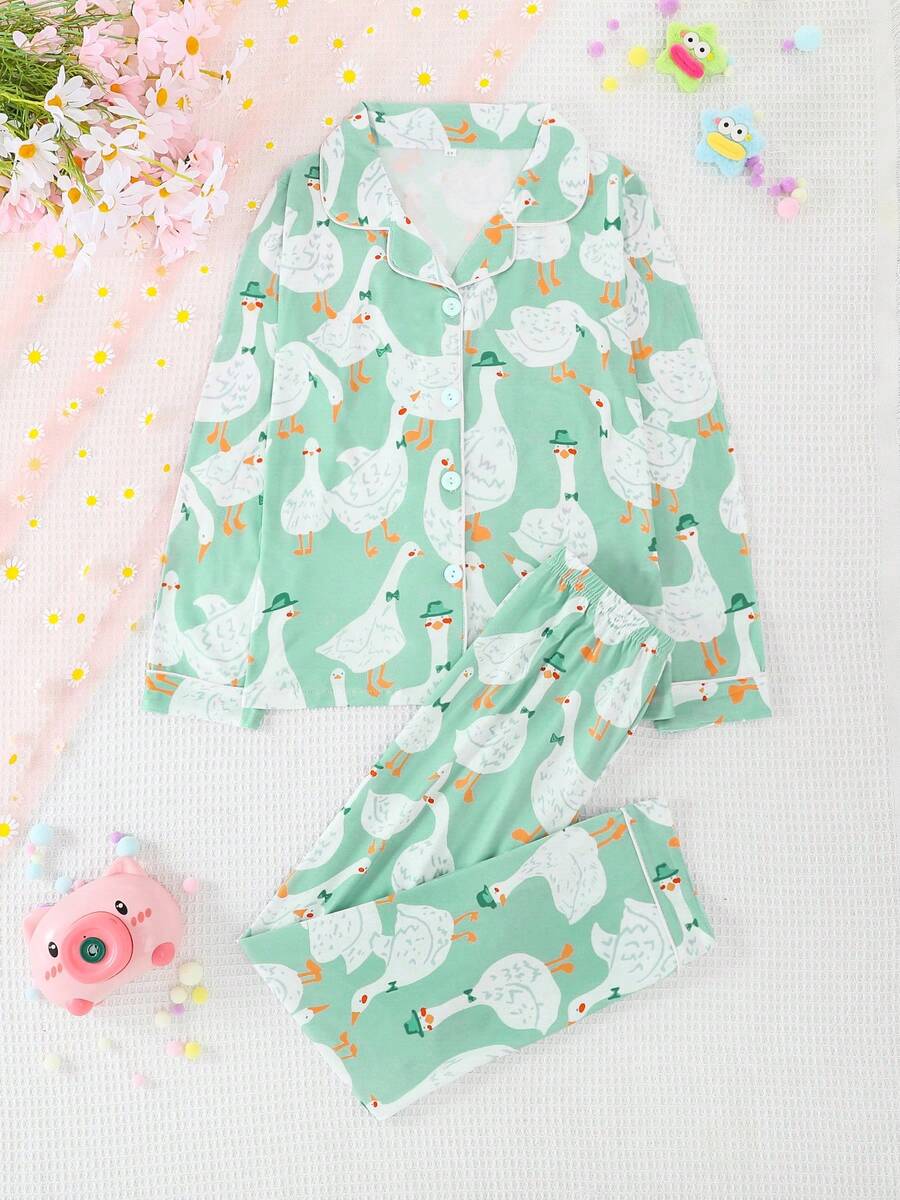 2 st/set för flickor och tonåringar, casual, tecknat svanmönster, långärmad kofta och byxor, nattlinne, flamskyddsmedel, året runt - Limegrön - Visa 1