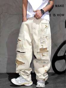 American Fashion Retro Ripped Washed Casual Jeans For Men, Thin, Loose, Straight Leg, Rugged And Handsome Long Pants