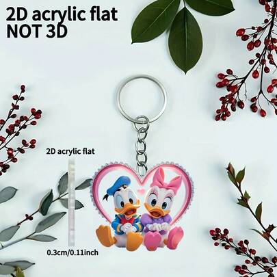 2D平面，2D不锈钢链多功能装饰吊坠，圣诞树装饰，适用于背包和钥匙扣【2D平面】1个可爱鸭子心形钥匙扣