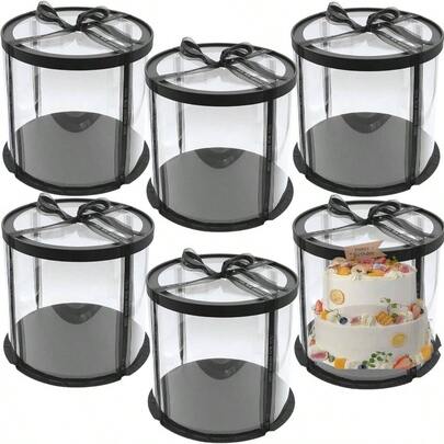6 cajas de pastel con cinta, pastel redondo transparente de varios pisos, cajas de panadería negras de 10x10x9 pulgadas para pasteles, con tapa y pizarra negra, empaque para exhibición de bodas