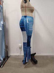 Plus Size High Waist Asymmetrical Pattern Flared Fleece Pants, Winter - Blue - View 4