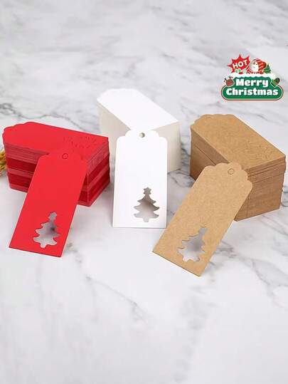 50 Stück rote Weihnachtsbaum Design Kraftpapier Karten, 50 Stück Kraftpapier + 10m Juteseil Kombi, geeignet für Verpackung und Hängedekoration, perfekte Geschenkanhänger und Dekorationen