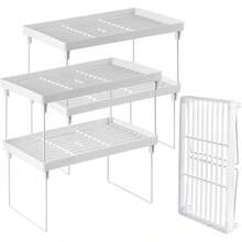 4 - Pack Stackable Plastic Kitchen Storage Shelf Foldable Rack - White Kitchen Cabinet Organizer And Storage Shelves Stackable Expandable Storage Racks Counter Cabinet Pantry - Initial - View 2