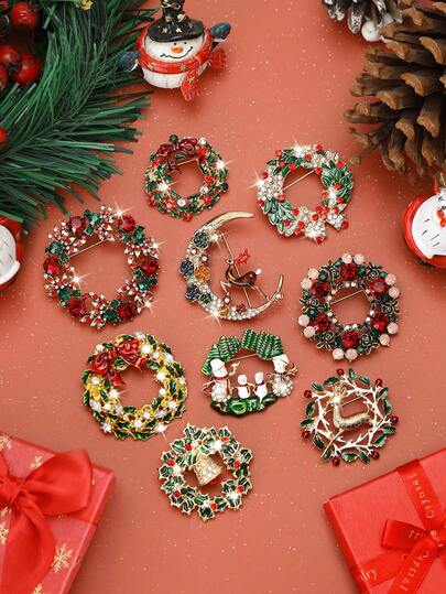 奢华圣诞水钻花环胸针 - 精致的圣诞节别针，适合女士中性节日宴会服装配饰/朋友派对徽章礼物