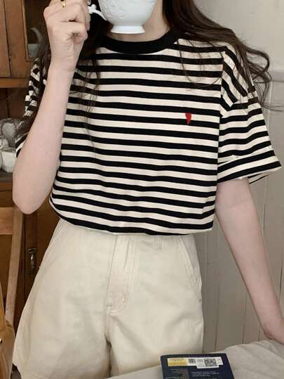 Áo thun tay ngắn cổ tròn rộng rãi kẻ sọc Colorblock thường ngày dành cho nữ, mùa xuân/hè