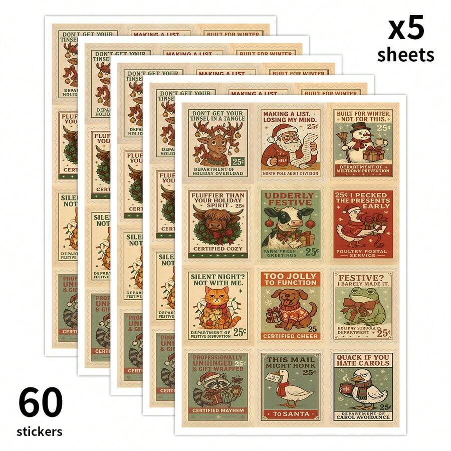 60 pièces/5 feuilles Autocollants de Noël thème animal amusant avec citation humoristique, décalcomanies autocollantes pour ordinateurs portables, cartes, scrapbooking, décorations de fête, emballages cadeaux de Noël