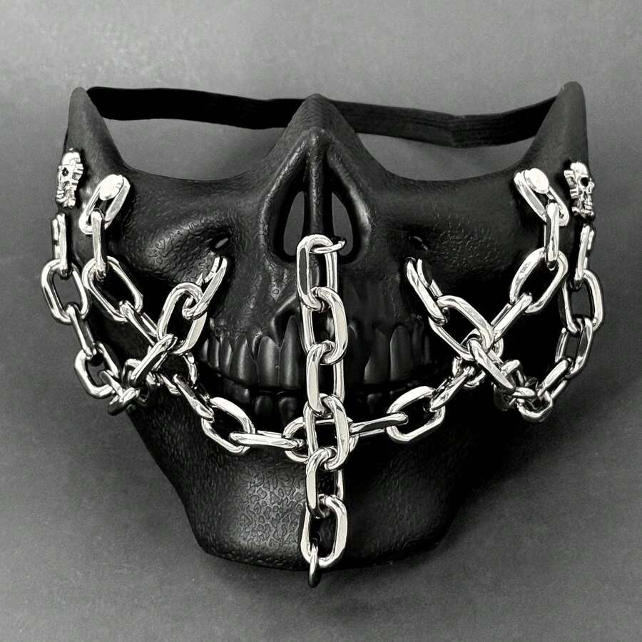 Men's Skull Steampunk Gothic Chain Half Masquerade Mask Cosplay Halloween - Black - View 1