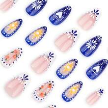 Blue And White French Nail Art With Fireworks And Flowers, Short Almond Heart Nail Tips - BW162 - 查看 3