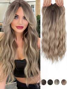 18 英寸女士假发顶部稀疏头发耐热纤维合成女士卷发波浪形（渐变浅棕色至金色） - 彩色 - 查看 3