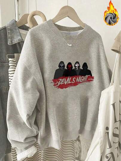 1 szt. Maski diabelskiej nocy damskie z grafiką, luźna bluza z okrągłym dekoltem i podszewką z polaru, idealny prezent urodzinowy, prezent świąteczny, miękki i wygodny sweter