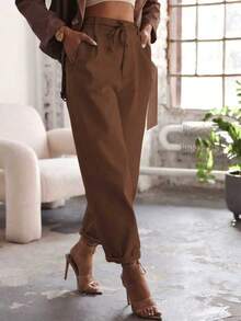 Women's Woven Fabric Straight Leg Drawstring Pants, Non-Stretch - Coffee Brown - View 2