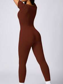 Womens Workout Winter Long Jumpsuits Seamless Yoga Gym Bodycon Rompers Sexy Unitard Tummy Control - Short Coffee - View 4