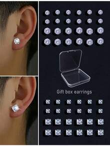 48pcs Geometric Round Square Cubic Zirconia Shiny Stud Earrings, Simple Punk Hip-Hop Style, Gift Box Packing, Suitable For Party, Festival, Date, Gift And Daily Wear