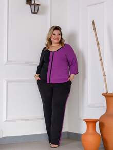 Maison Raglan Sleeve Blouse And Plus Size Summer Pants Set - Purple - View 5