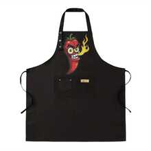 Women's High Quality Apron - Fiery Chili Pepper Kitchen Apron With Two Pockets, Heat-Resistant Cooking & Baking Apron, Easy-Clean Polyester For Home Cooks, Chefs, Cooking Classes - Fun Chef Gift Idea, Whimsical Kitchenwear, Front Pocket Design, Durable Fabric, Culinary Enthusiasts - màu đen - Xem 2