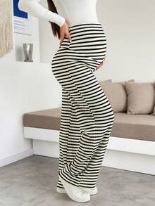 Maternity Striped Wide-Leg Knit Pants, Comfortable High Elasticity Long Maternity Trousers, Suitable For Pregnant Women - Black and White - View 5