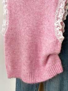 Áo vest nữ màu trơn, phối ren, dệt kim, thích hợp cho mùa xuân, màu hồng. - Hồng - Xem 4
