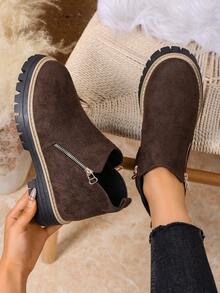 秋冬女士踝靴，女鞋冬靴，女士平底鞋，新款踝靴，带拉链女鞋 - 摩卡棕 - 查看 14