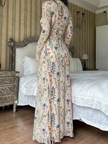 时尚U领露背系带长袖连衣裙，春假优雅之选 - 杏色 - 查看 6