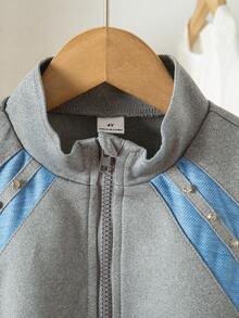 مجموعة من قطعتين، هوديي بسحاب وألوان متباينة + بنطلون بألوان متباينة، ملابس رياضية وكاجوال للبنات، مناسبة للأنشطة الخارجية والاستخدام اليومي - رمادي - مشاهدة 3