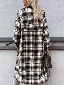 Chaqueta larga con botones en la parte delantera a cuadros para mujer - Negro - Ver 3