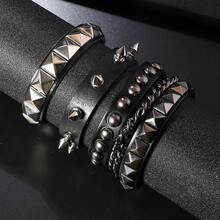3 pezzi Bracciale in pelle stile punk da uomo multistrato, con rivetti personalizzati e polsino a catena