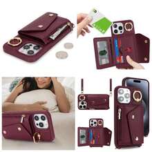 - Carcasa para 15 con cordn y tarjetero para 15 con cremallera, cartera para mujer, telfono mvil, ajustable, collar con anilla para mujer, color marrn - iPhone 15 Pro + B-Rojo Vino - Ver 1