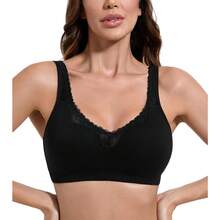 Women's Comfort Cotton Bra Plus Size Everyday Non Padded Wirefree Lace Floral - 黑色 - 查看 3