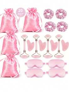 Set de 5 piezas/20 piezas de artículos para fiestas, antifaz rosa, masajeador facial y scrunchies para el cabello con bolsa de regalo - Perfecto para reuniones de mujeres, obsequios para despedida de soltera, regalos del Día de la Madre