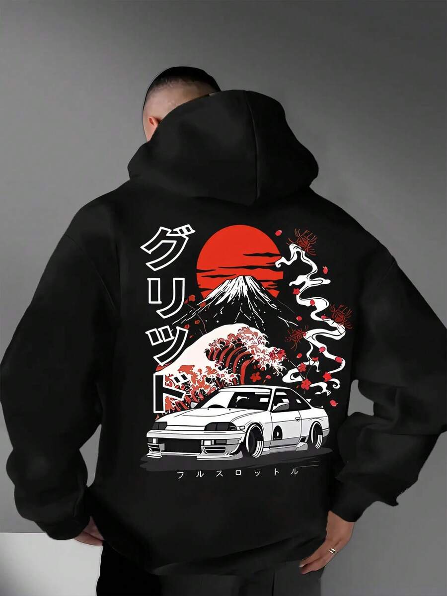 A Men'S Casual Stylish Japanese-Inspired Hoodie Featuring Mountain And Freedom Elements, Long-Sleeved Pullover, Regular Fit. - màu đen - Xem 1