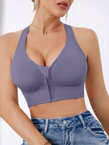 Sujetador deportivo sin costuras con cierre delantero de alto impacto para mujer, adecuado para primavera, verano, otoño e invierno - Morado - View 8