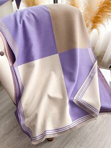1 Khăn choàng cổ họa tiết khối màu giả cashmere hai mặt cho nữ, khăn choàng thời trang đa năng dùng trong phòng máy lạnh, phụ kiện dày ấm áp thích hợp sử dụng hàng ngày, mặc mùa thu/đông - Màu tím - Xem 3
