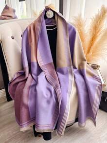 1 Khăn choàng cổ họa tiết khối màu giả cashmere hai mặt cho nữ, khăn choàng thời trang đa năng dùng trong phòng máy lạnh, phụ kiện dày ấm áp thích hợp sử dụng hàng ngày, mặc mùa thu/đông - Màu tím - Xem 5