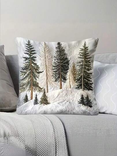 1/2/4 件超大装饰抱枕 - 冬季雪松林景观，绿色/灰色/白色/米色 - 柔软毛绒靠垫套，拉链开合，可机洗涤纶，适用于沙发、床、办公室 - 舒适的冬季家居装饰 - 方形 17.7x17.7 英寸 (45.72x45.72cm) - 单面印花复古设计，覆雪松树