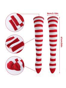 1 Set Women's Christmas Striped Thigh High Socks + Gloves, Red/White, Green/White, Red/Green, Purple/Black Striped Knee Socks, Suitable For Stage Performance, Cosplay, Christmas Party, Winter Warm Socks, Y2K Style