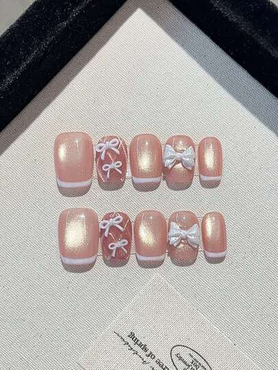 升级您的风格，手工按压式指甲套装短方形法式心形简约果冻粉色美甲套装，适合派对、婚礼或日常佩戴的长指甲，包括 2 块果冻凝胶和 1 个缓冲剂