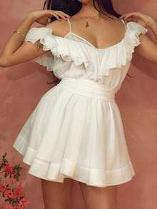 Women Y2K Ruffle Babydoll Mini Dress Cute V Neck Sleeveless Flowy Sundress Solid Color Loose Sling Dress Summer Going Out Dresses - 白色 - 查看 7