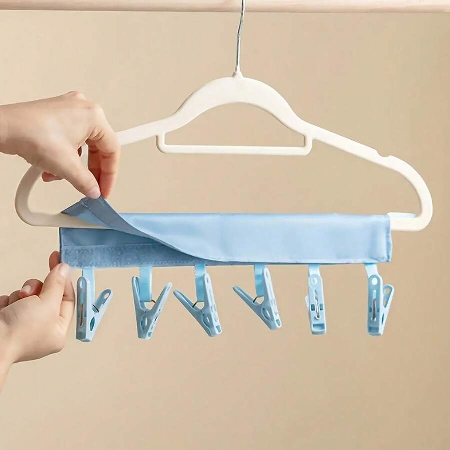 1pc Portable Folding Clothes Hanger With 6 Clips - Space Saving Drying Rack For Socks, Underwear And Delicates, Durable Plastic Travel-Friendly Design, Compact Storage For Home And Travel, Clothes Clips, Foldable Travel Clothes Hanger/Drying Rack, Travel Laundry - Multicolor - View 1
