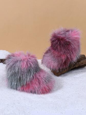 1 Pair Girls Colorful Fluffy Boots, One-Push Warm Lined Boots With British Simple Mid-Calf Design, Round Toe Anti-Slip Sole, Fashion Cute Boots, Suitable For 3-12 Years Old Girls Indoor Outdoor Autumn Winter New